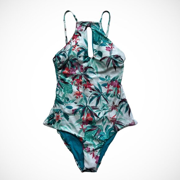 BECCA Tropical Floral One Piece Swimsuit Keyhole Cutout Resort Chic Small Sexy - Picture 1 of 13